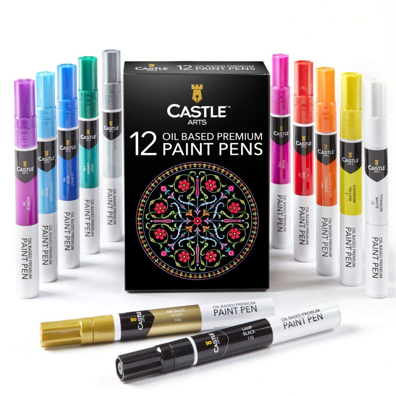 Castle Art Supplies 12 Oil Based Paint Pens Vibrant Premium Colored Markers for Adults Beginning Artists | Color on Rocks Stones Metal Wood Ceramic Vinyl Glass Plastic | Weather Resistant - Image 1